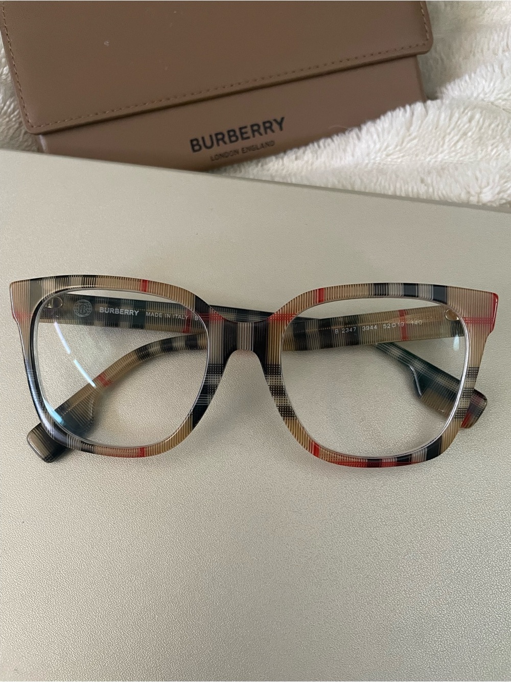 Burberry Plaid Square Optical Glasses in Beige, Black & Red